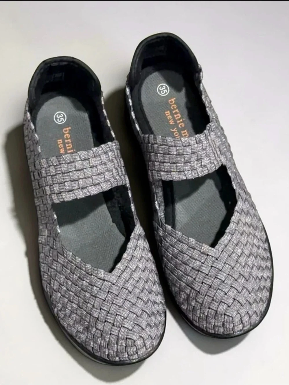 Bernie Mev Lulia Woven Stretch Platform Mary Jane Comfort Wedge Gray and Black
